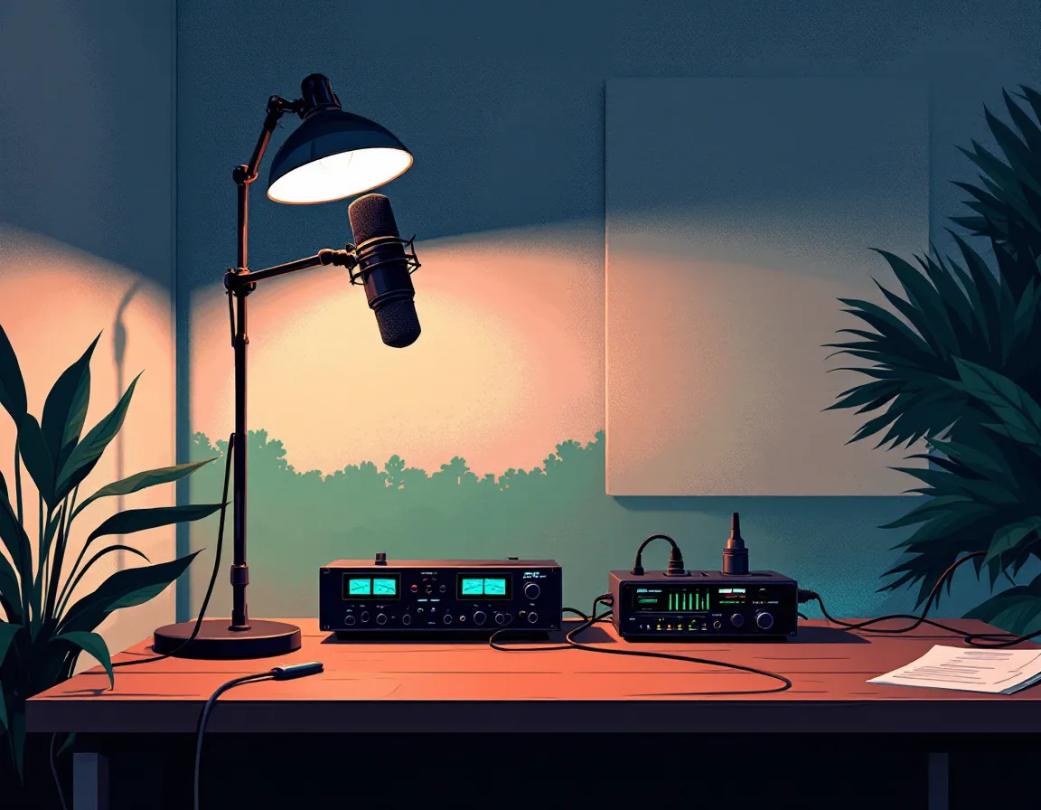 Illustration of the Elder Lane Audio home studio: microphone, interface with green meters, and acoustic panels in warm evening light