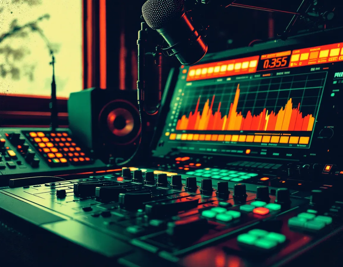 Illustration of a mixing console and studio microphone in forest-green tones